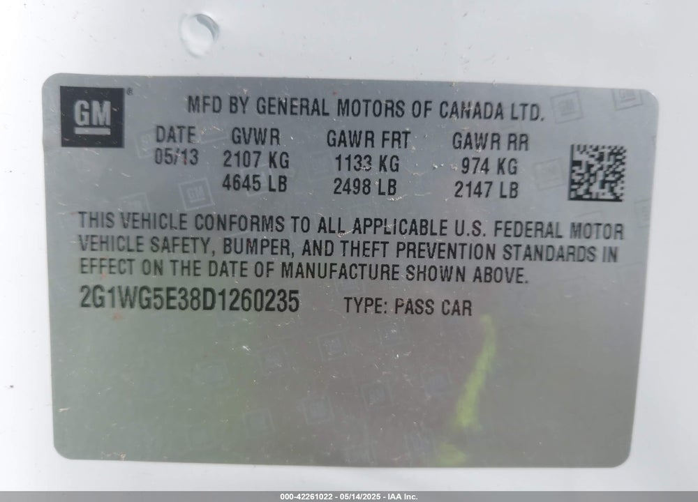 2013 CHEVROLET IMPALA LT VIN: 2G1WG5E38D1260235