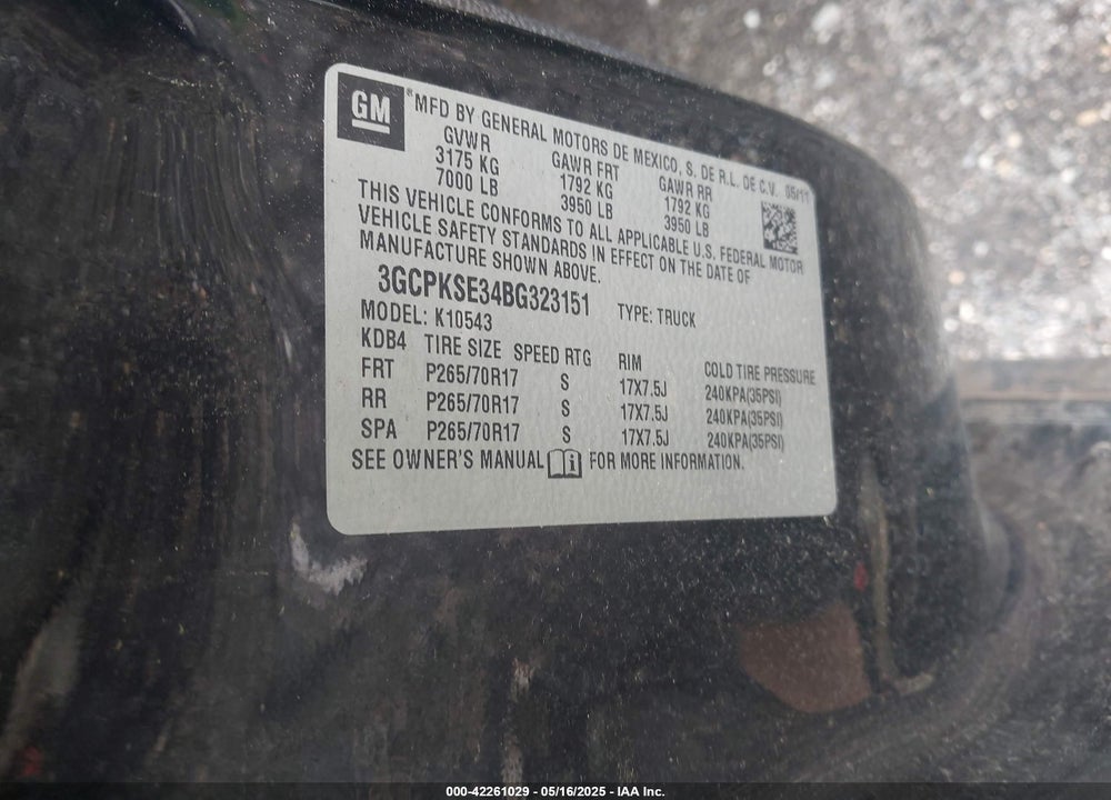 2011 CHEVROLET SILVERADO 1500 LT VIN: 3GCPKSE34BG323151