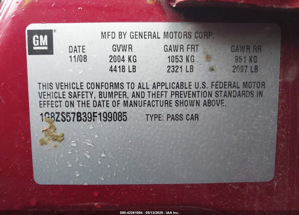 2009 SATURN AURA XE VIN: 1G8ZS57B39F199085