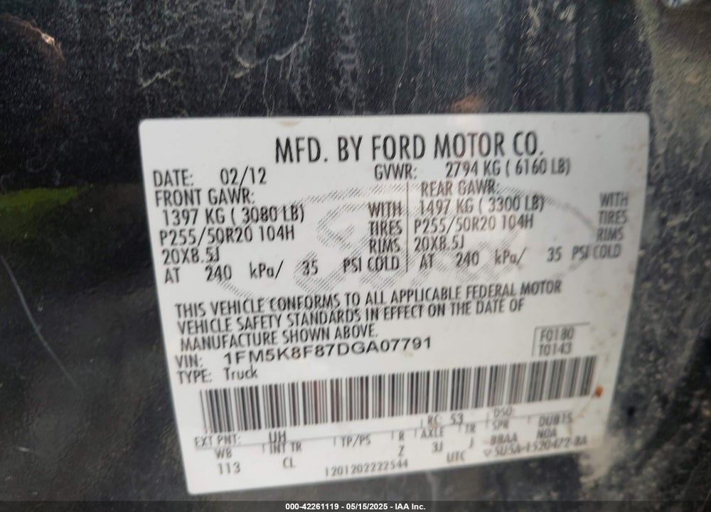 2013 FORD EXPLORER VIN: 1FM5K8F87DGA07791