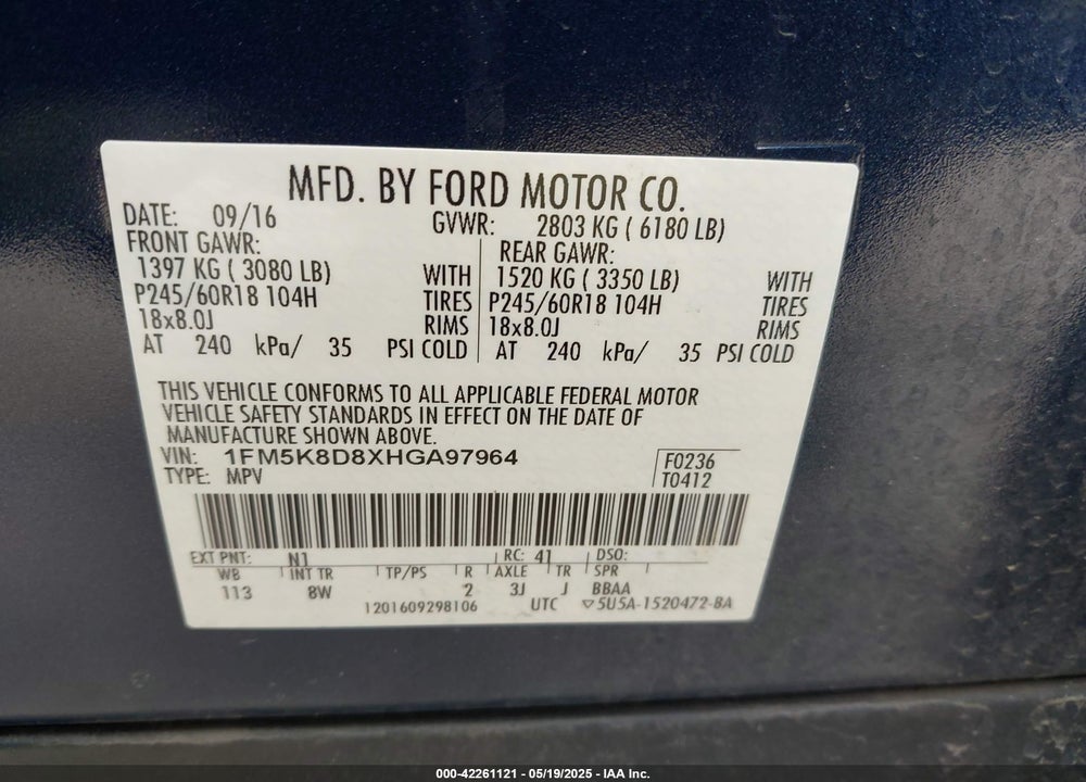 2017 FORD EXPLORER VIN: 1FM5K8D8XHGA97964