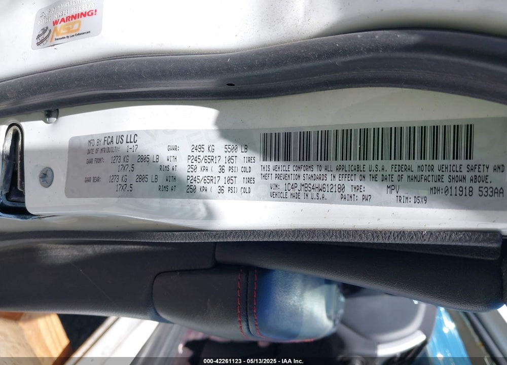 2017 JEEP CHEROKEE VIN: 1C4PJMBS4HW612180