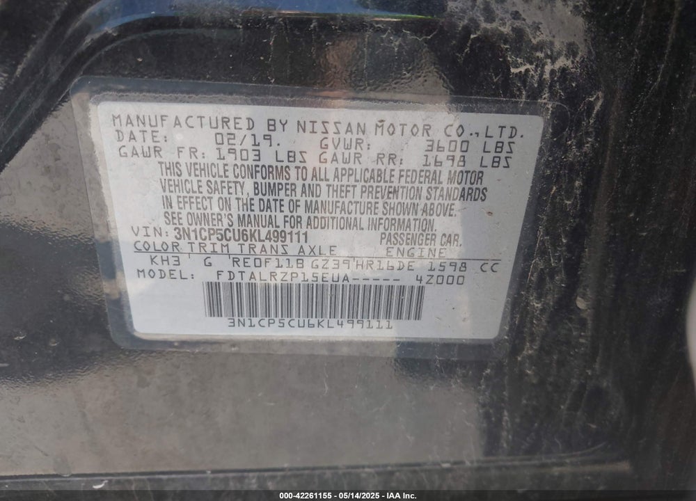 2019 NISSAN KICKS VIN: 3N1CP5CU6KL499111
