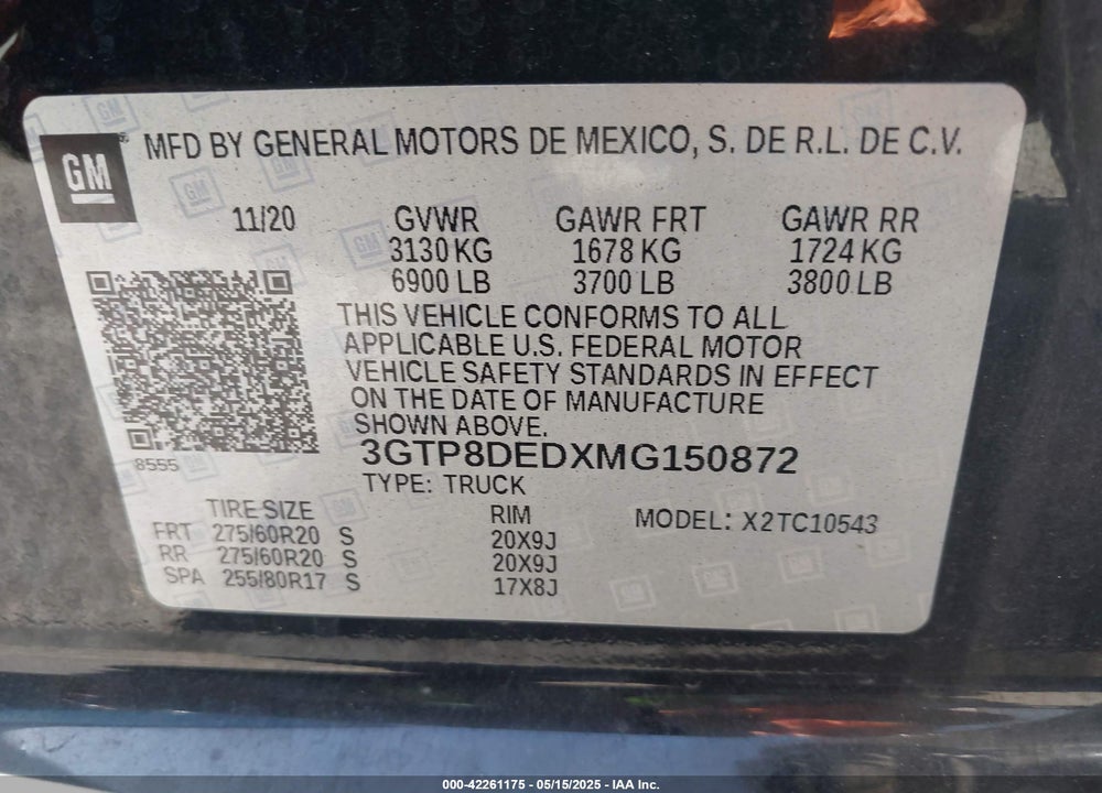 2021 GMC SIERRA 1500 2WD  SHORT BOX SLT VIN: 3GTP8DEDXMG150872