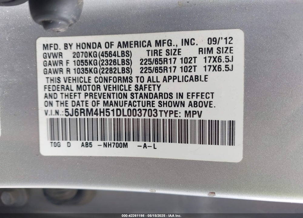 2013 HONDA CR-V VIN: 5J6RM4H51DL003703