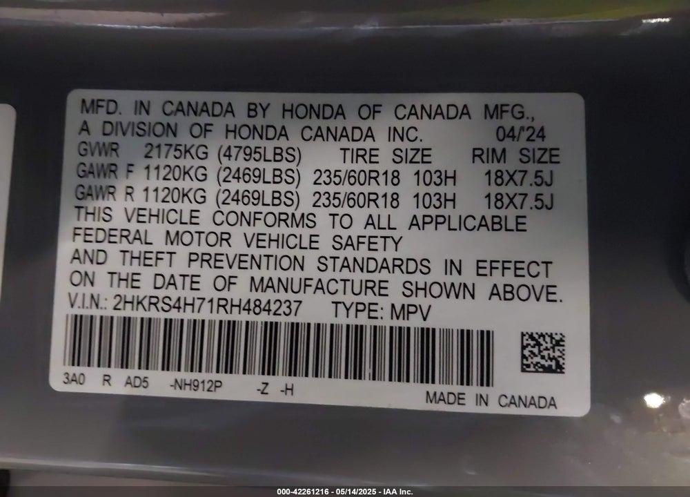 2024 HONDA CR-V EX-L AWD VIN: 2HKRS4H71RH484237