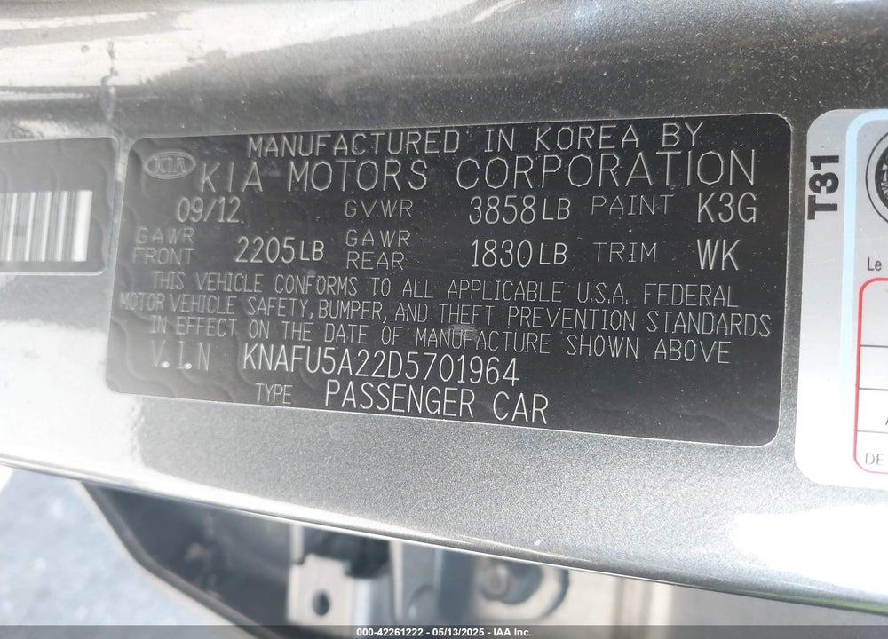 2013 KIA FORTE EX VIN: KNAFU5A22D5701964