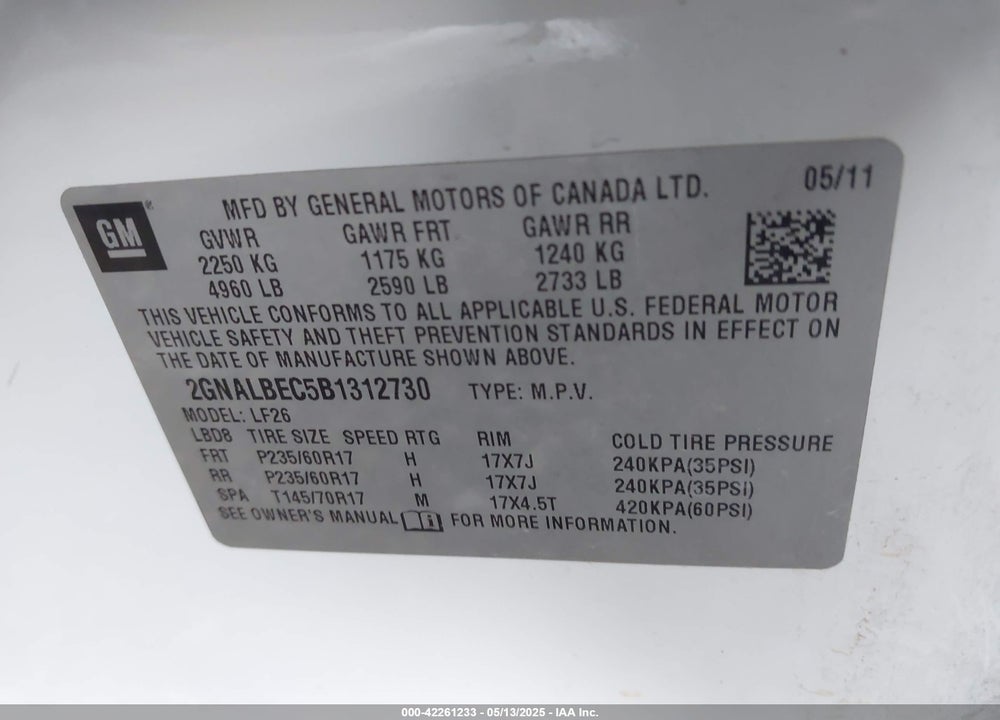 2011 CHEVROLET EQUINOX VIN: 2GNALBEC5B1312730