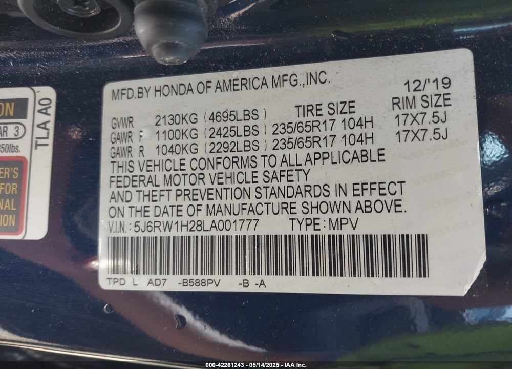 2020 HONDA CR-V VIN: 5J6RW1H28LA001777