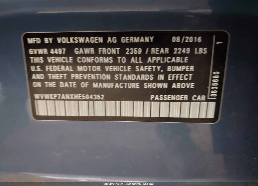 2017 VOLKSWAGEN CC VIN: WVWKP7ANXHE504352