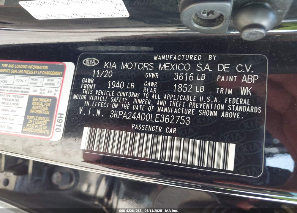 2020 KIA RIO VIN: 3KPA24AD0LE362753