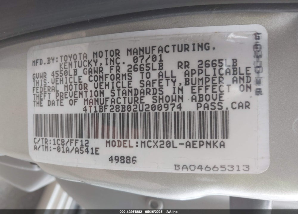 2002 TOYOTA AVALON XL VIN: 4T1BF28B02U200974