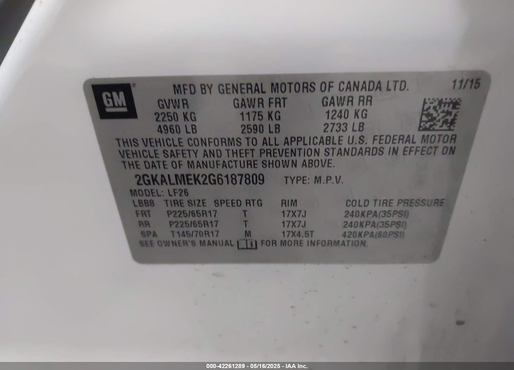 2016 GMC TERRAIN SLE-1 VIN: 2GKALMEK2G6187809
