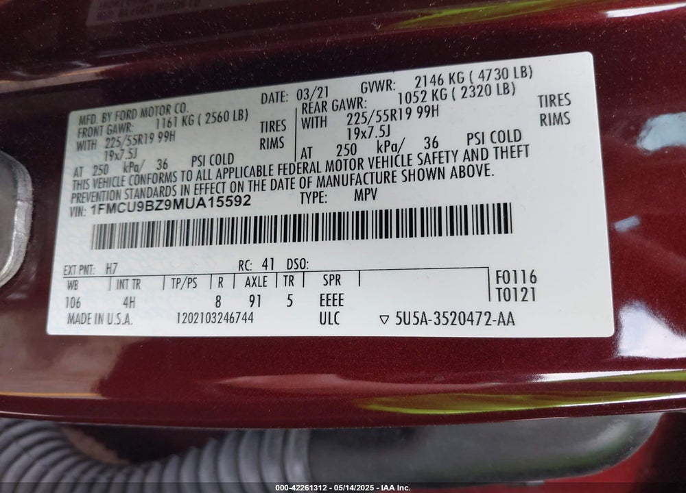2021 FORD ESCAPE VIN: 1FMCU9BZ9MUA15592