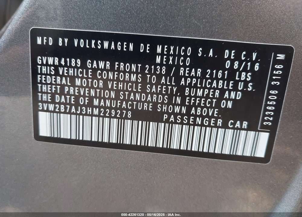2017 VOLKSWAGEN JETTA 1.4T S VIN: 3VW2B7AJ3HM229278