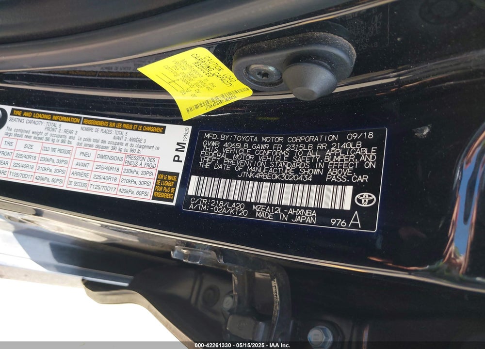 2019 TOYOTA COROLLA VIN: JTNK4RBE0K3020434