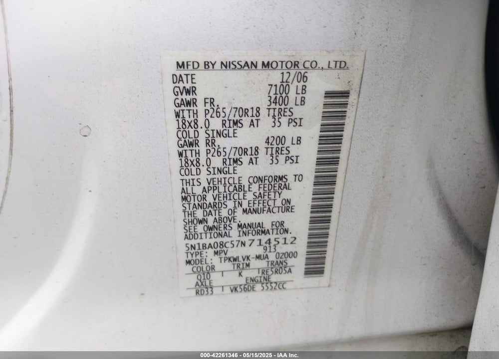 2007 NISSAN ARMADA VIN: 5N1BA08C57N714512