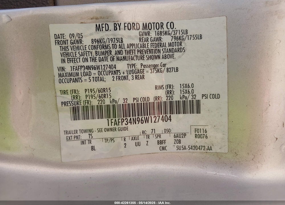 2006 FORD FOCUS VIN: 1FAFP34N96W127404