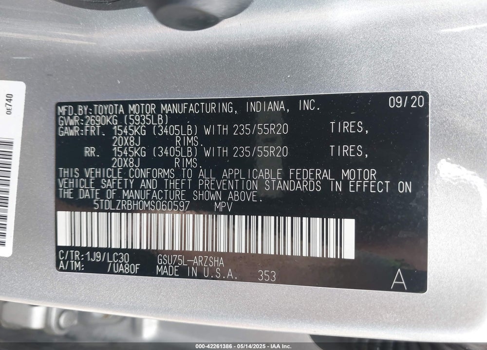 2021 TOYOTA HIGHLANDER VIN: 5TDLZRBH0MS060597