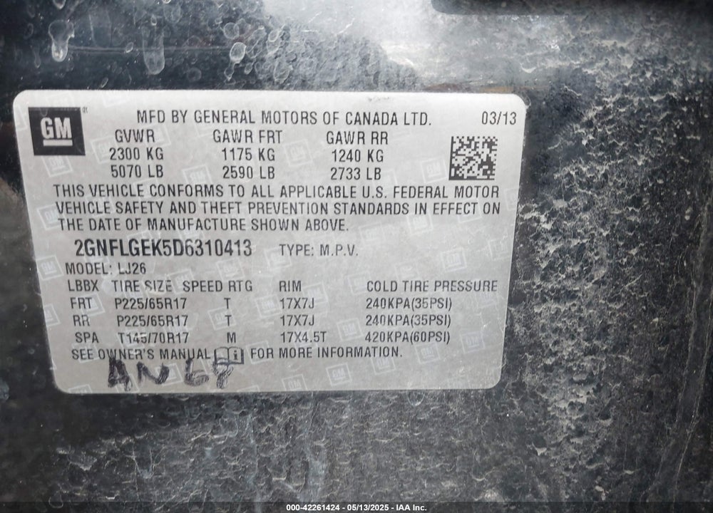 2013 CHEVROLET EQUINOX LTZ VIN: 2GNFLGEK5D6310413