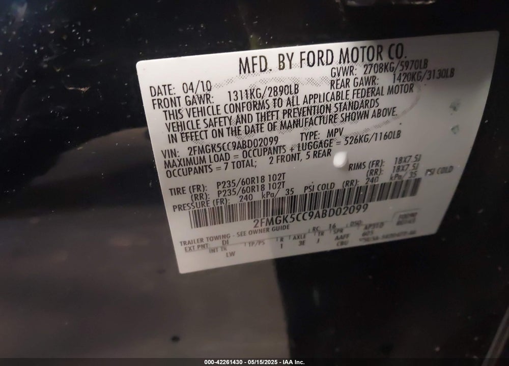 2010 FORD FLEX VIN: 2FMGK5CC9ABD02099
