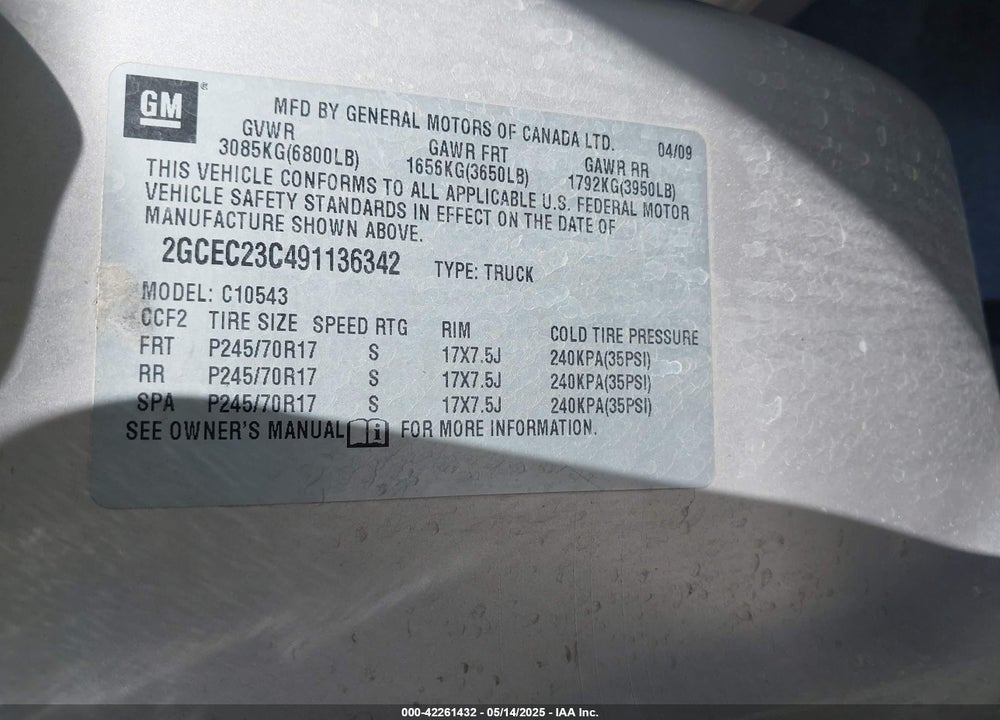 2009 CHEVROLET SILVERADO 1500 LT VIN: 2GCEC23C491136342