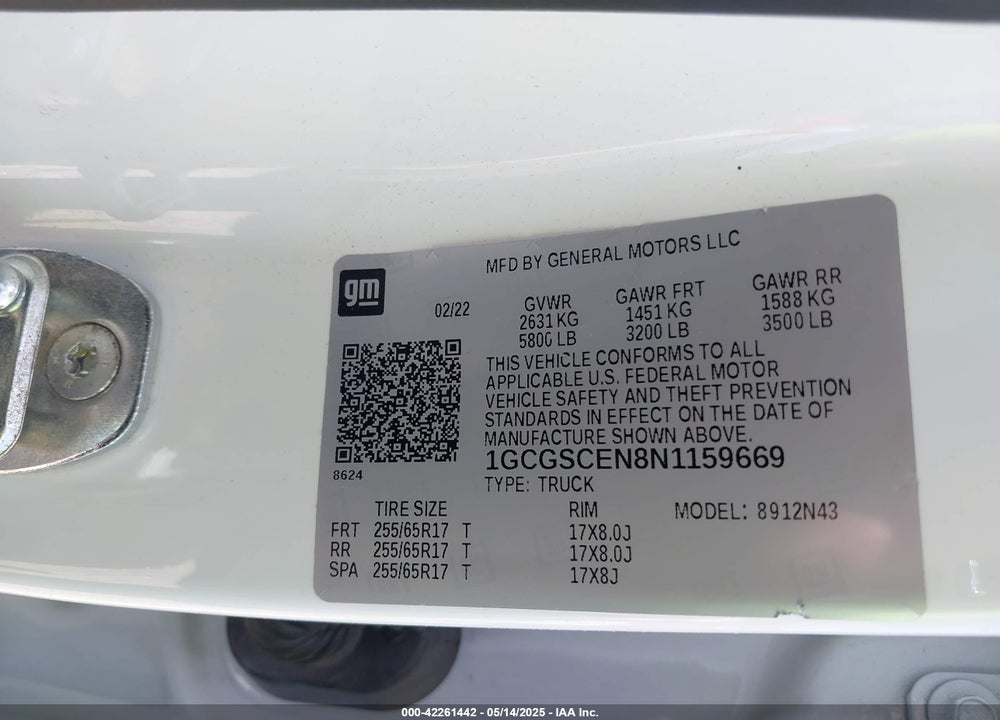 2022 CHEVROLET COLORADO VIN: 1GCGSCEN8N1159669