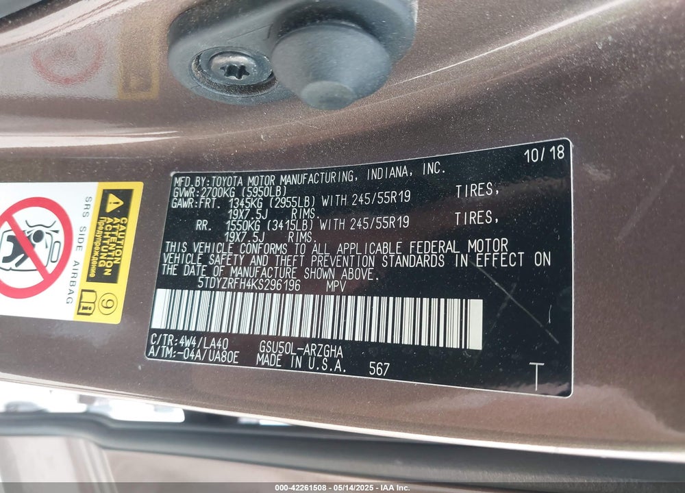 2019 TOYOTA HIGHLANDER VIN: 5TDYZRFH4KS296196