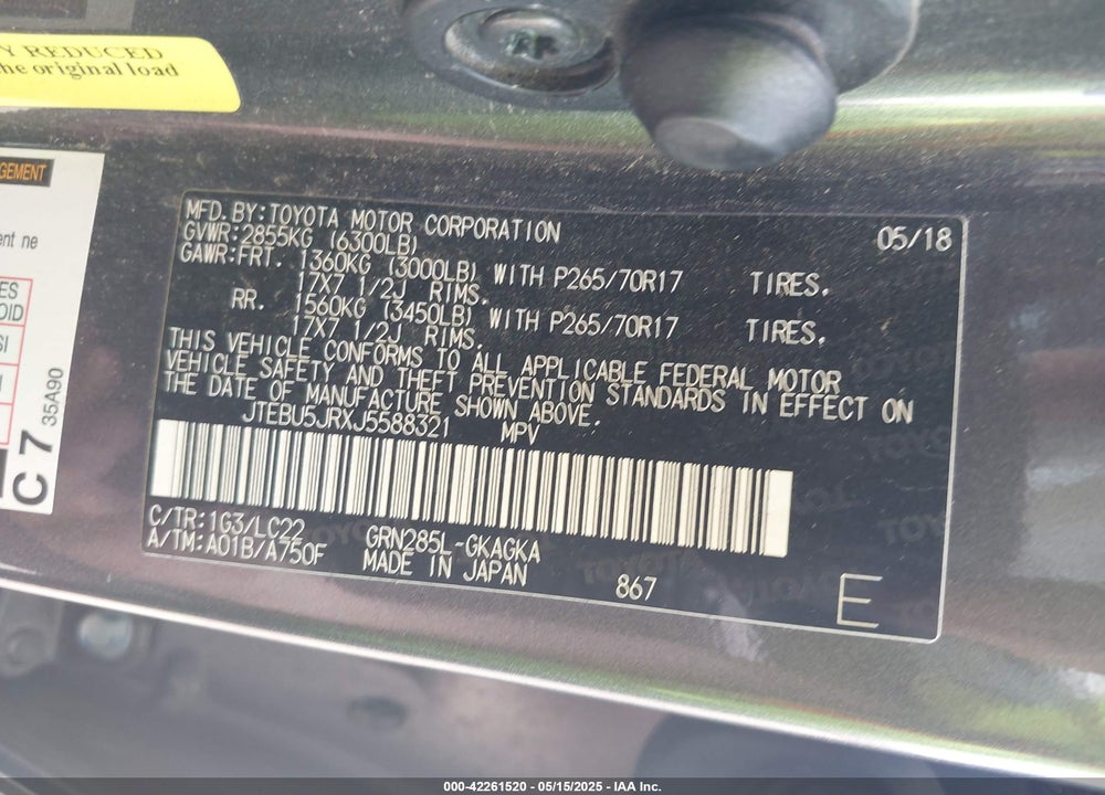 2018 TOYOTA 4RUNNER VIN: JTEBU5JRXJ5588321