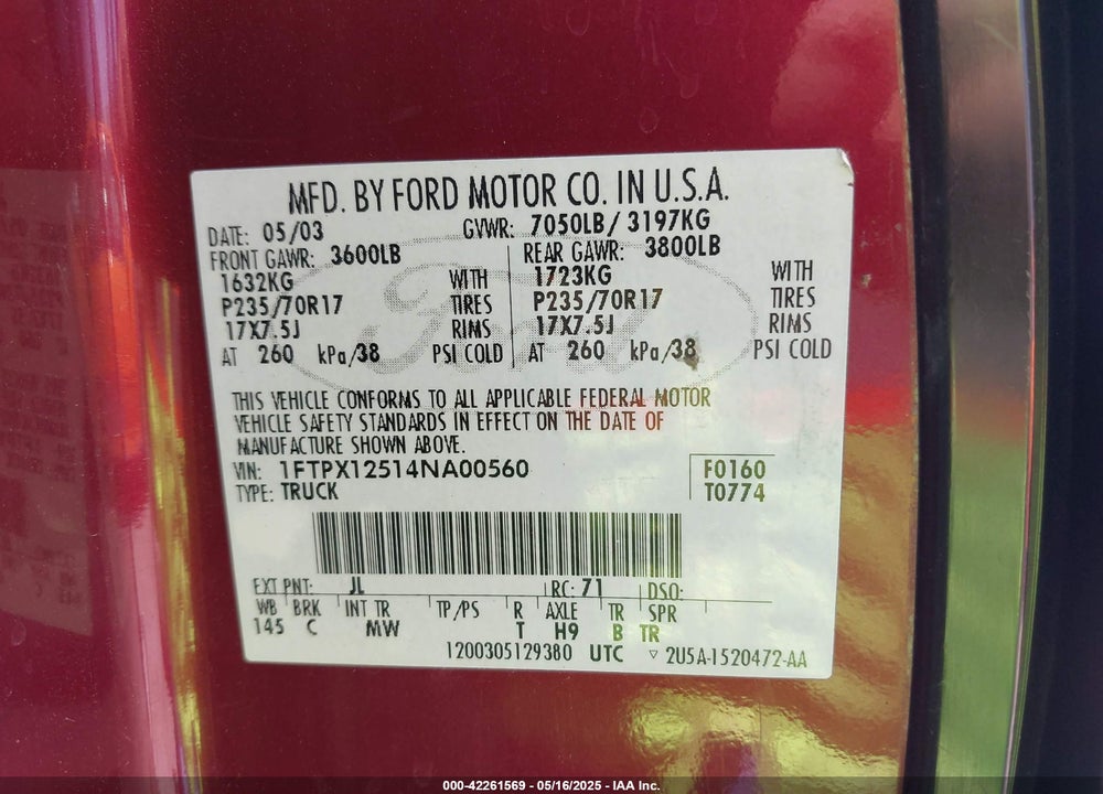 2004 FORD F-150 LARIAT/XL/XLT VIN: 1FTPX12514NA00560