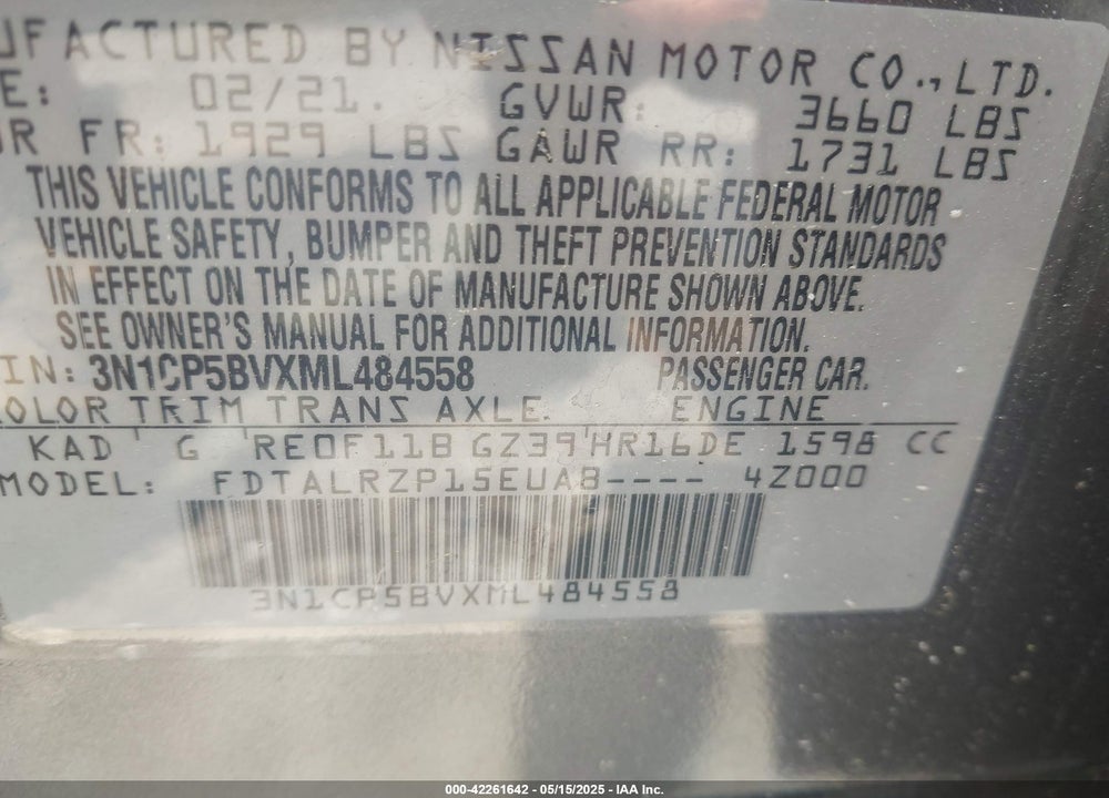 2021 NISSAN KICKS VIN: 3N1CP5BVXML484558