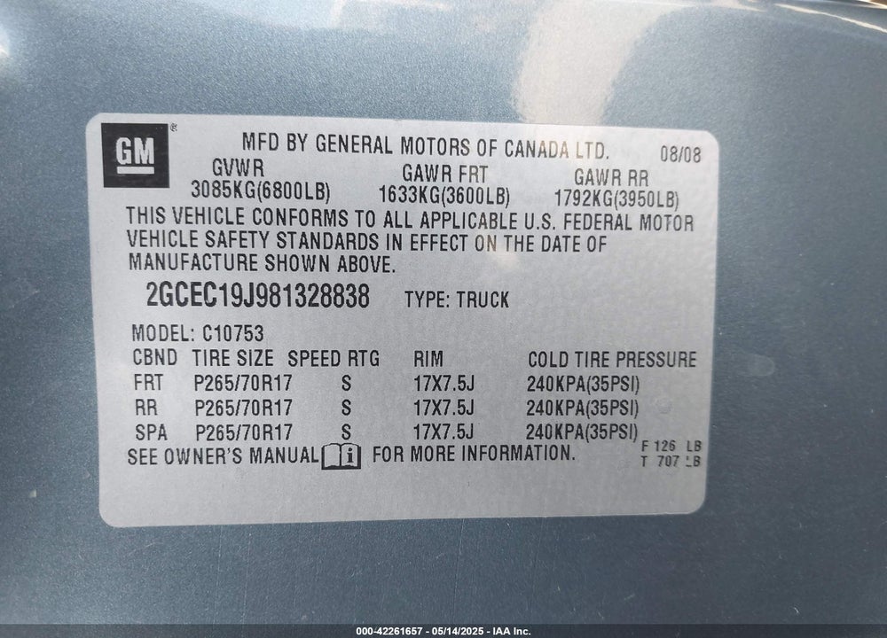 2008 CHEVROLET SILVERADO 1500 VIN: 2GCEC19J981328838