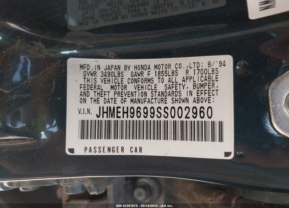 1995 HONDA CIVIC EX VIN: JHMEH9699SS002960