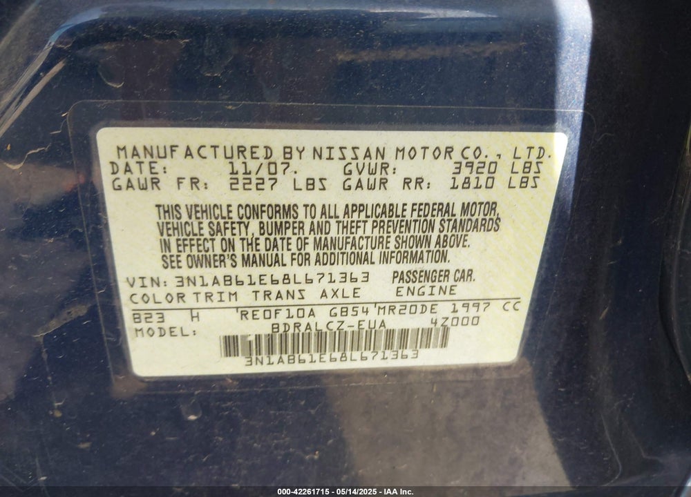 2008 NISSAN SENTRA 2.0 VIN: 3N1AB61E68L671363