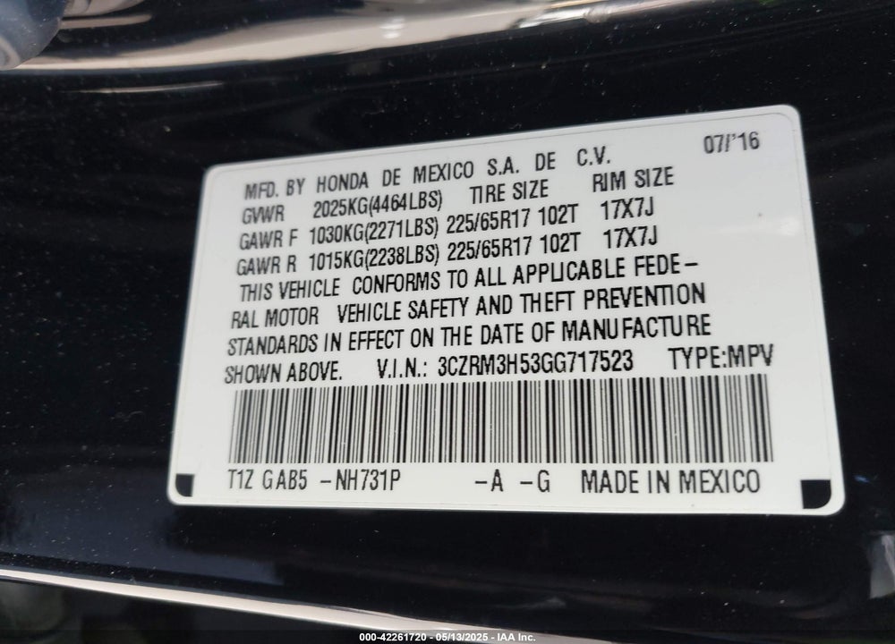 2016 HONDA CR-V VIN: 3CZRM3H53GG717523