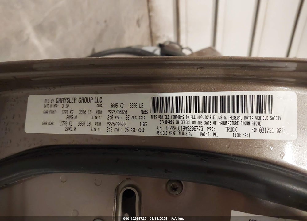 2010 DODGE RAM 1500 VIN: 1D7RV1CT9AS206773