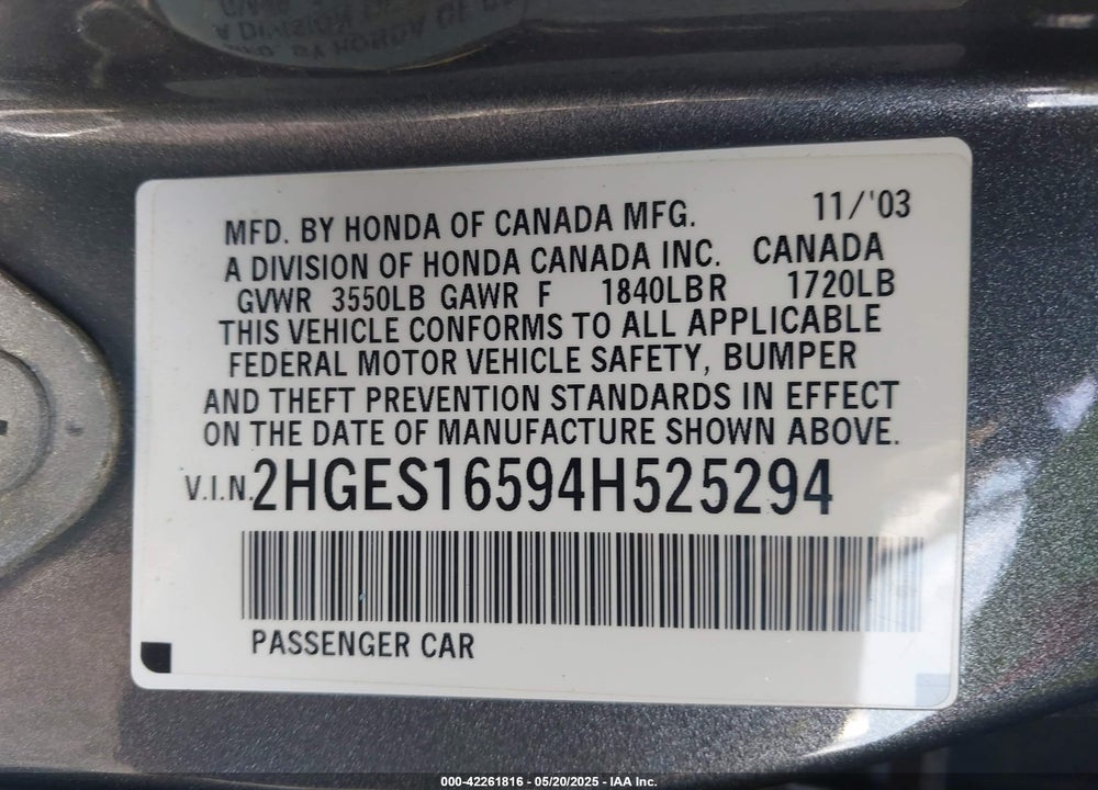 2004 HONDA CIVIC LX VIN: 2HGES16594H525294