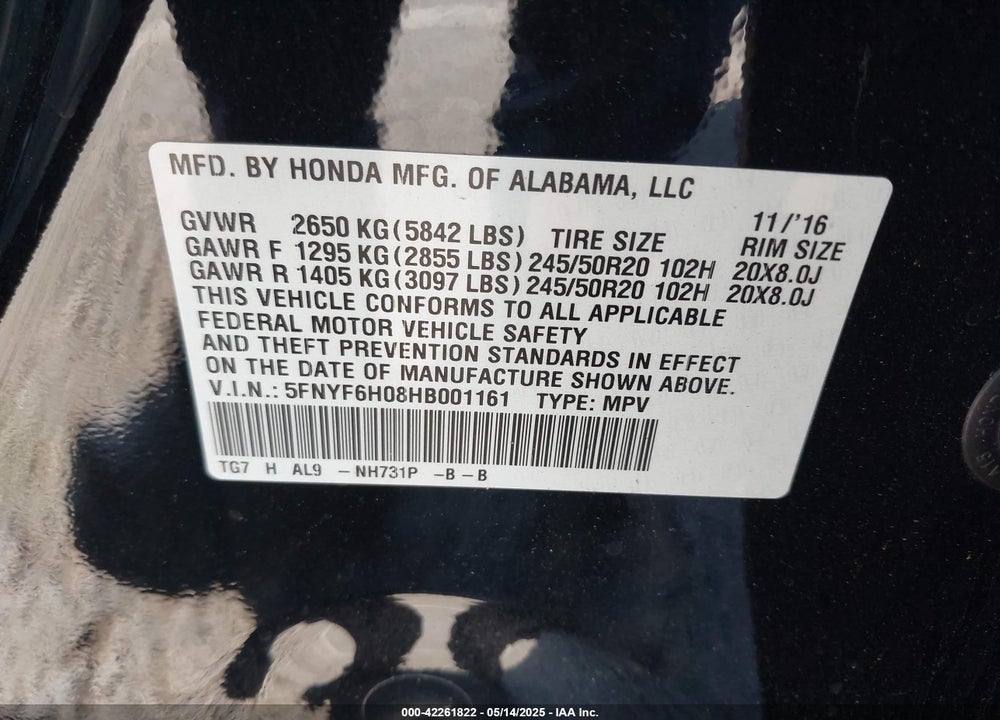 2017 HONDA PILOT ELITE VIN: 5FNYF6H08HB001161