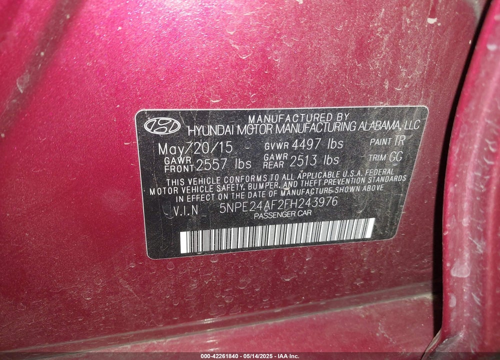 2015 HYUNDAI SONATA VIN: 5NPE24AF2FH243976