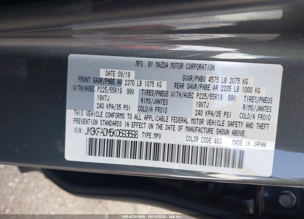 2019 MAZDA CX-5 GRAND TOURING VIN: JM3KFADM5K0693698