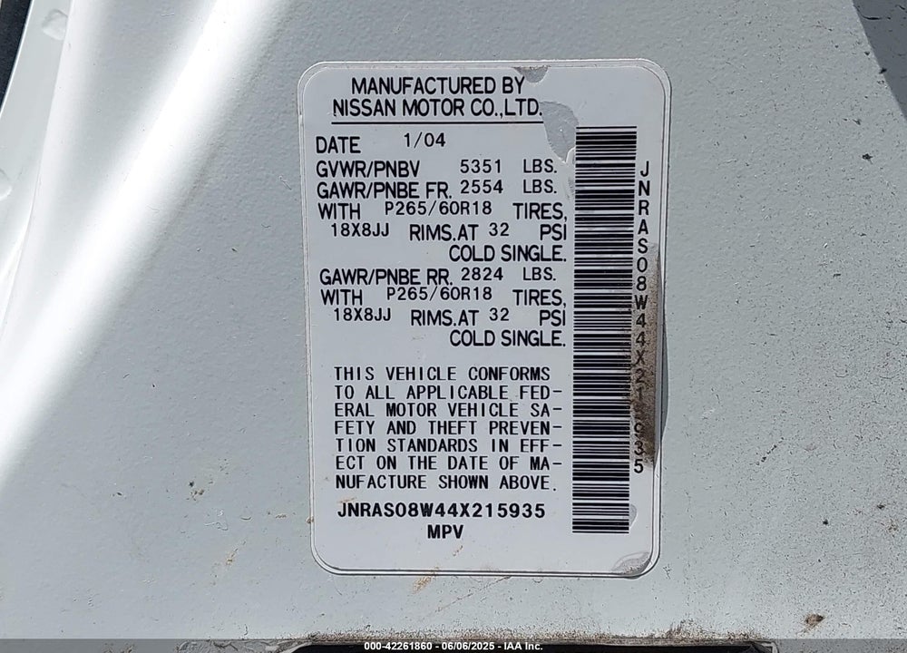 2004 INFINITI FX35 VIN: JNRAS08W44X215935