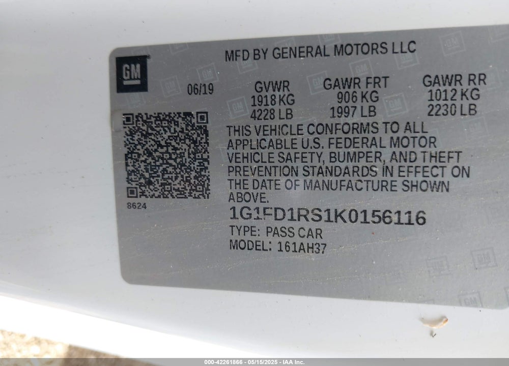 2019 CHEVROLET CAMARO VIN: 1G1FD1RS1K0156116