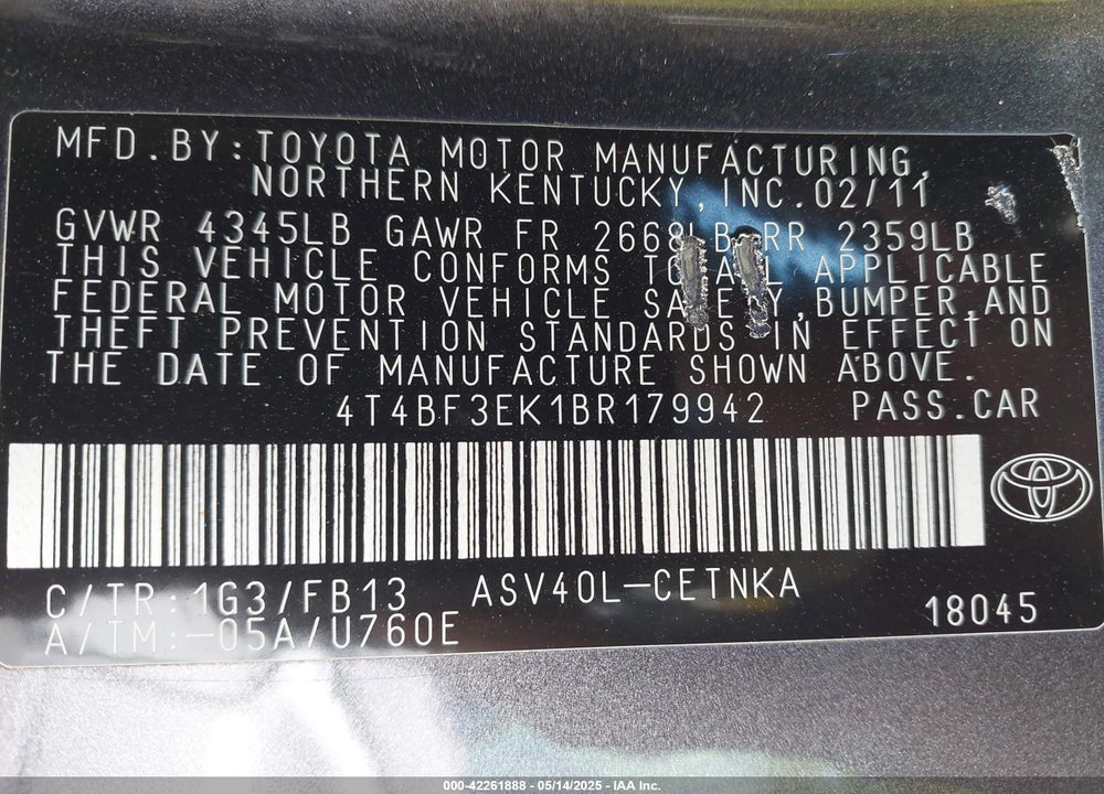 2011 TOYOTA CAMRY VIN: 4T4BF3EK1BR179942