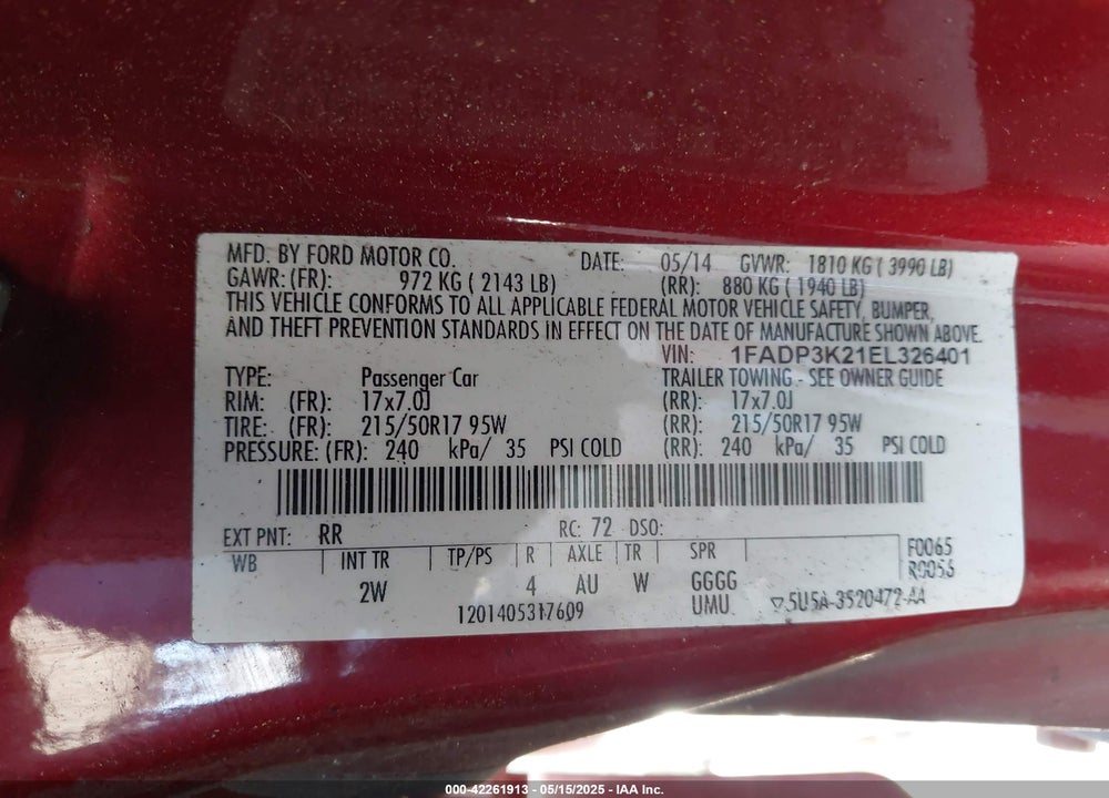 2014 FORD FOCUS SE VIN: 1FADP3K21EL326401