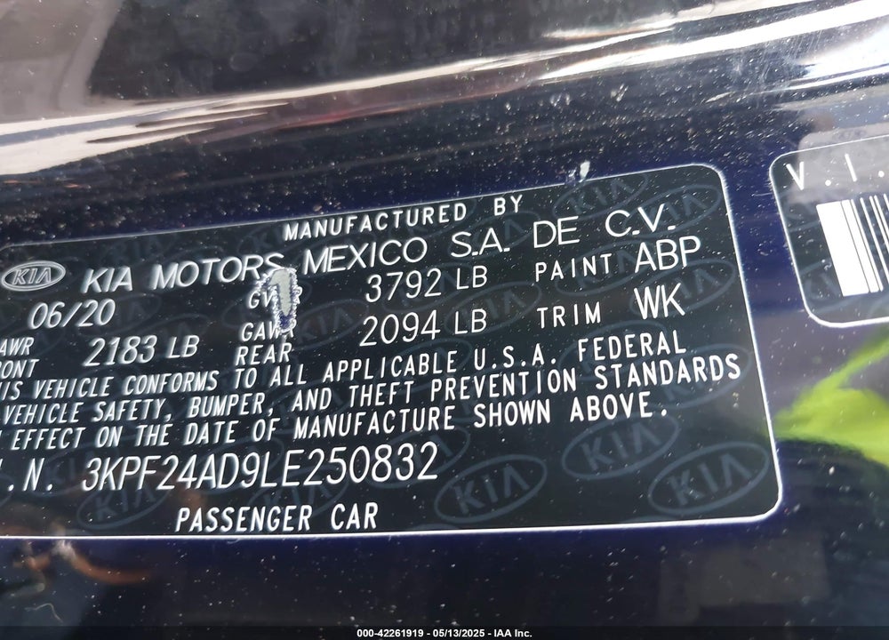 2020 KIA FORTE VIN: 3KPF24AD9LE250832