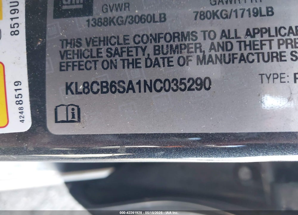 2022 CHEVROLET SPARK FWD LS AUTOMATIC VIN: KL8CB6SA1NC035290