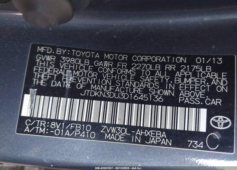 2013 TOYOTA PRIUS VIN: JTDKN3DU3D1645136