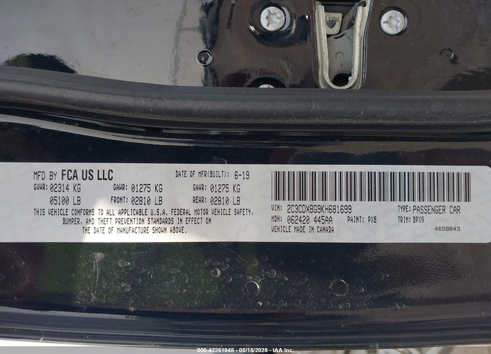 2019 DODGE CHARGER VIN: 2C3CDXBG9KH681699