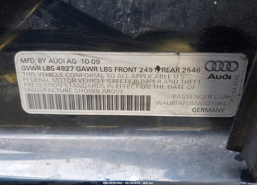 2010 AUDI A4 VIN: WAUBFAFL0AN027084