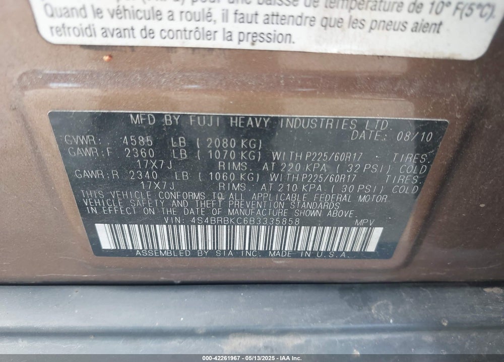 2011 SUBARU OUTBACK VIN: 4S4BRBKC6B3335858